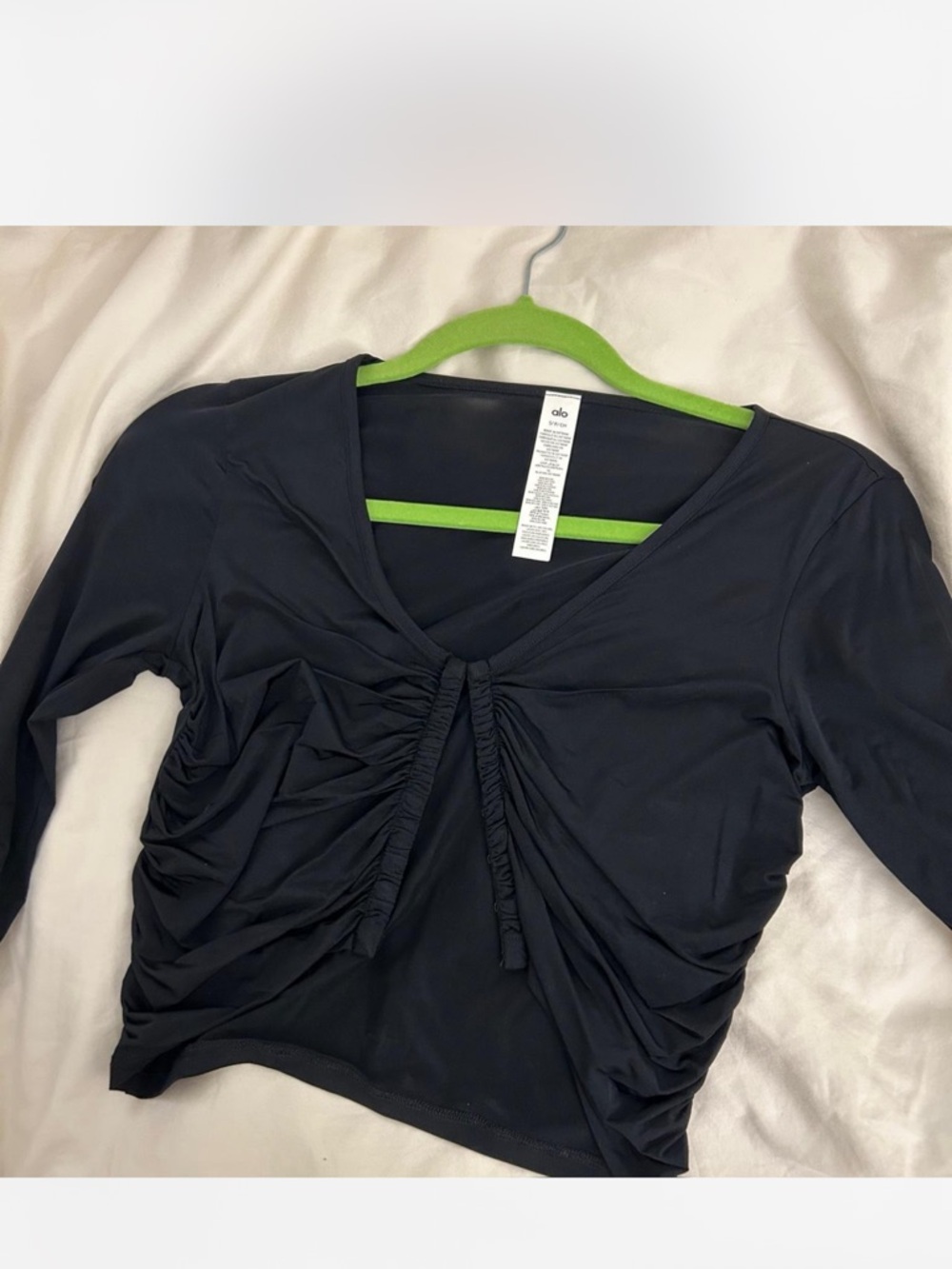 ALO Yoga Black Ruched V-Neck Long Sleeve Crop Top
